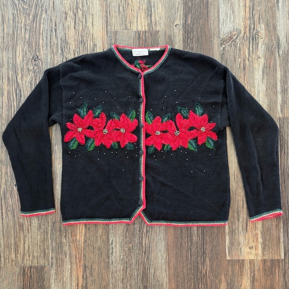 Vtg Christopher & Banks Christmas Sweater Cardigan 22” P2P Black Poinsettias